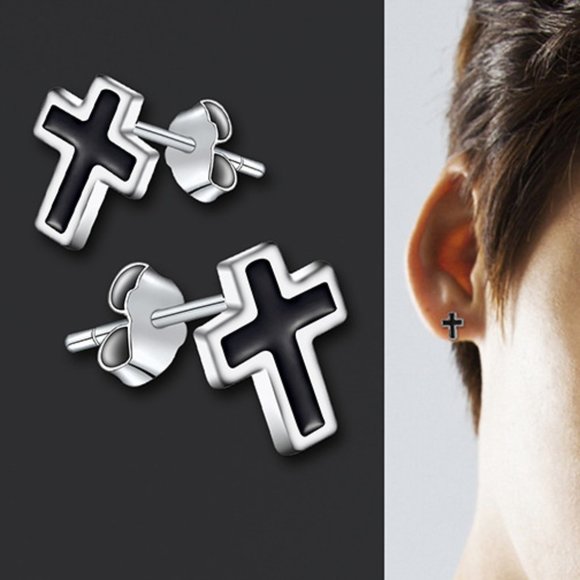Black Cross Stud Earrings - Picture 8 of 10